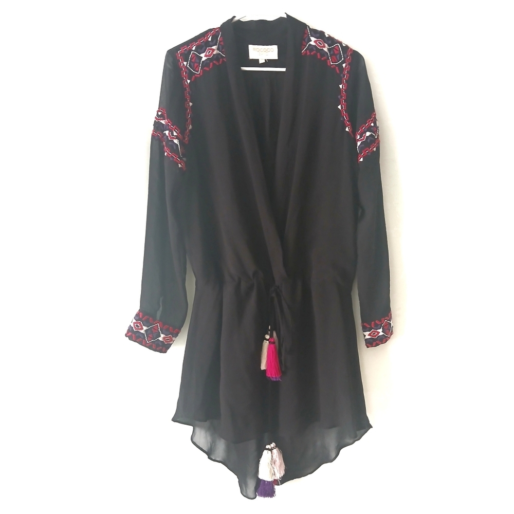 ROCOCO SAND Silk Embroidered Tassel Tie Tunic Dress S